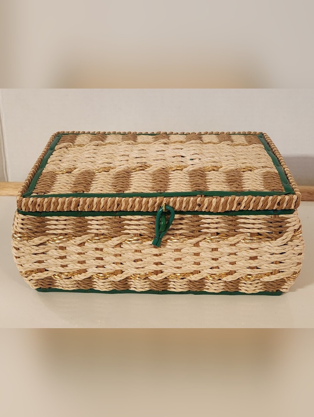 Vintage Mid Century Woven Wicker Sewing Basket Box Green Trim